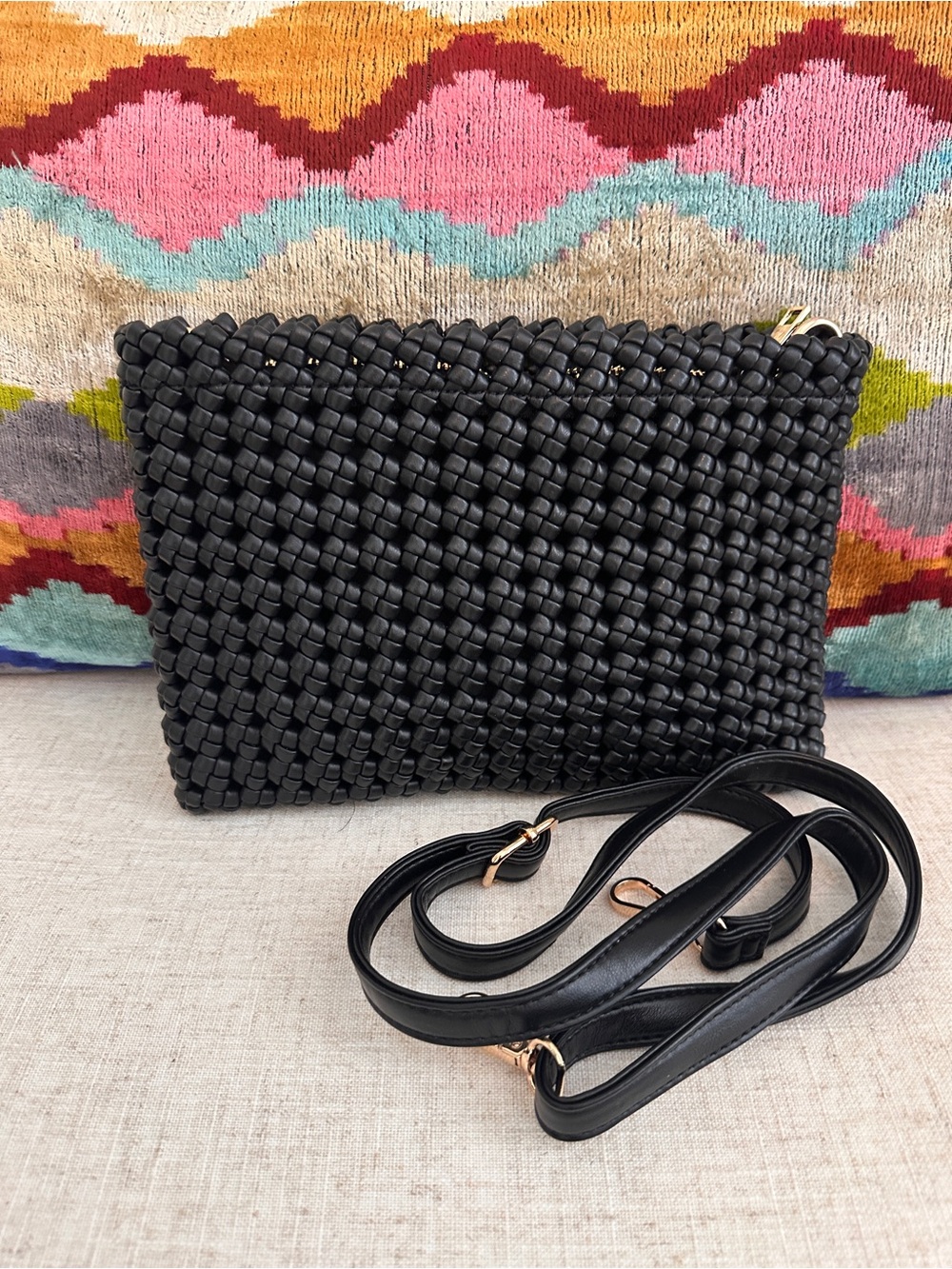 Anthropologie Kelani Black Woven Knot Clutch with Detachable Strap